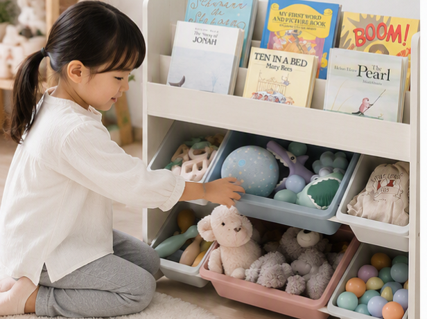 女の子が自分でおもちゃを片づけている様子
