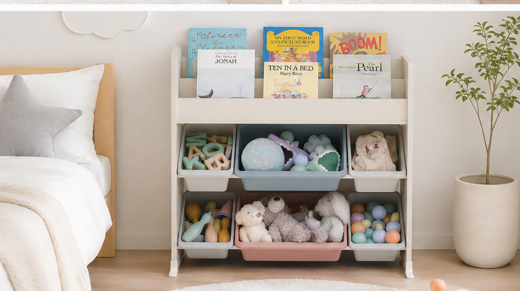 子ども部屋になじむ見せる収納の絵本棚・おもちゃ箱